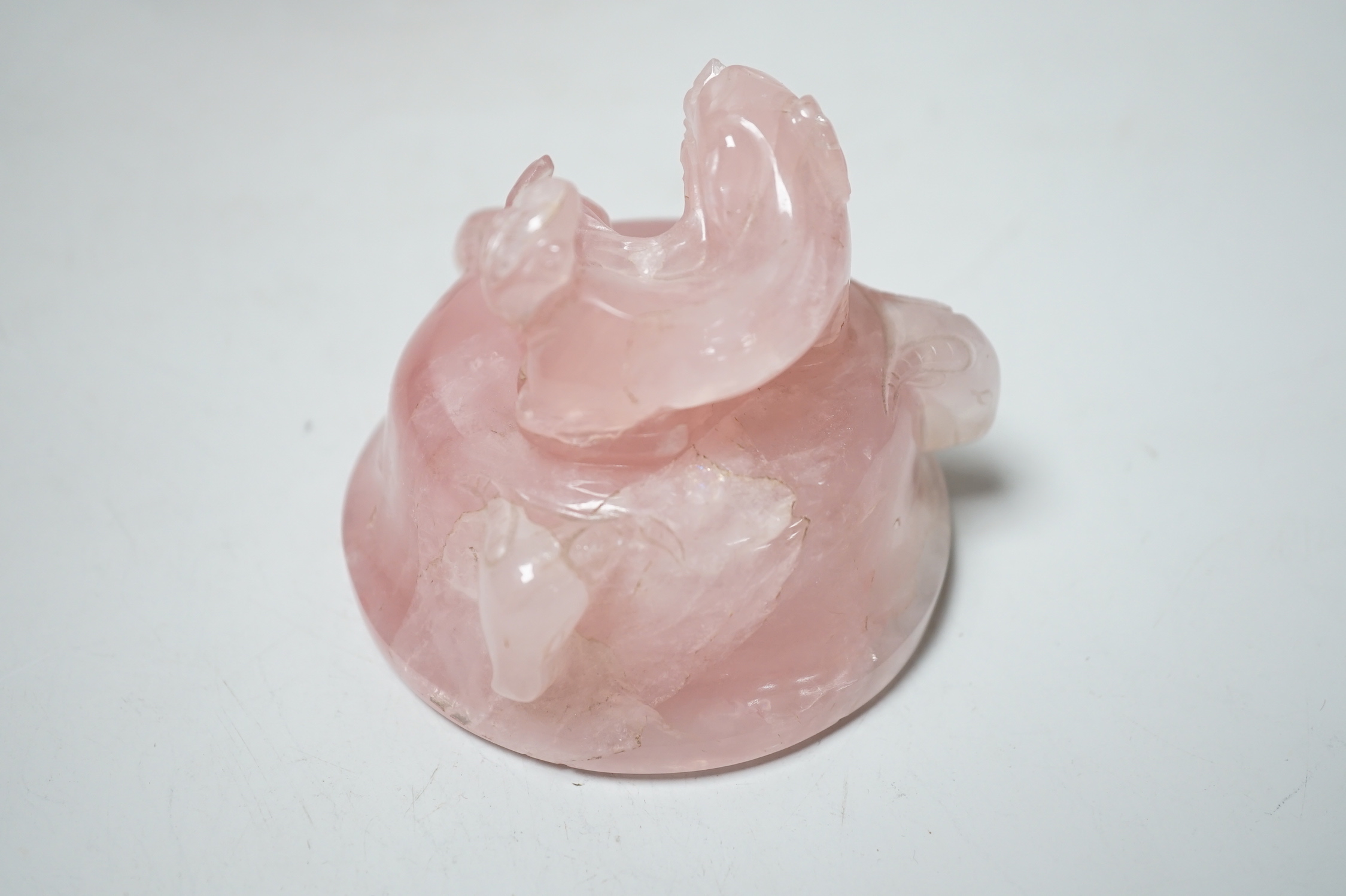 A Chinese rose quartz censer and cover, 13cm high, wood stand
